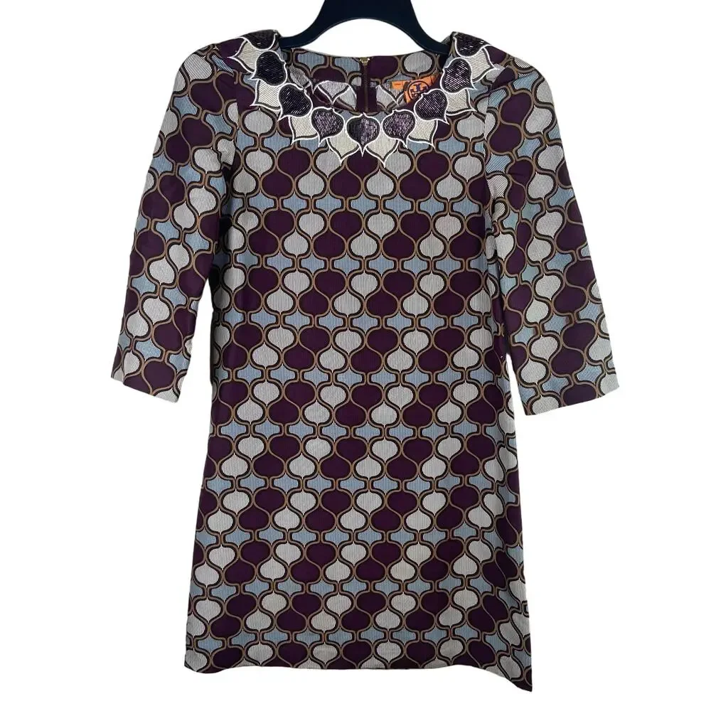Tory Burch Silk Shift Mini Dress Women's 4 Retro 60s Style 3/4 Sleeve Beaded NWT